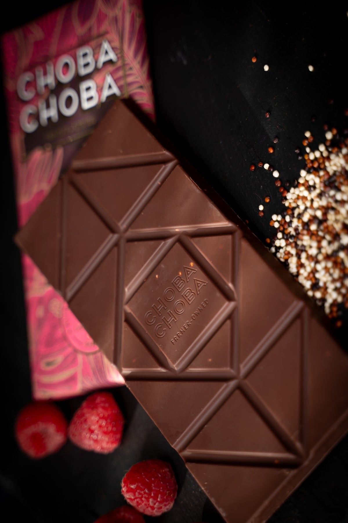 Lindley 64% — Dark Organic Chocolate with Raspberry & Quinoa - Choba Choba